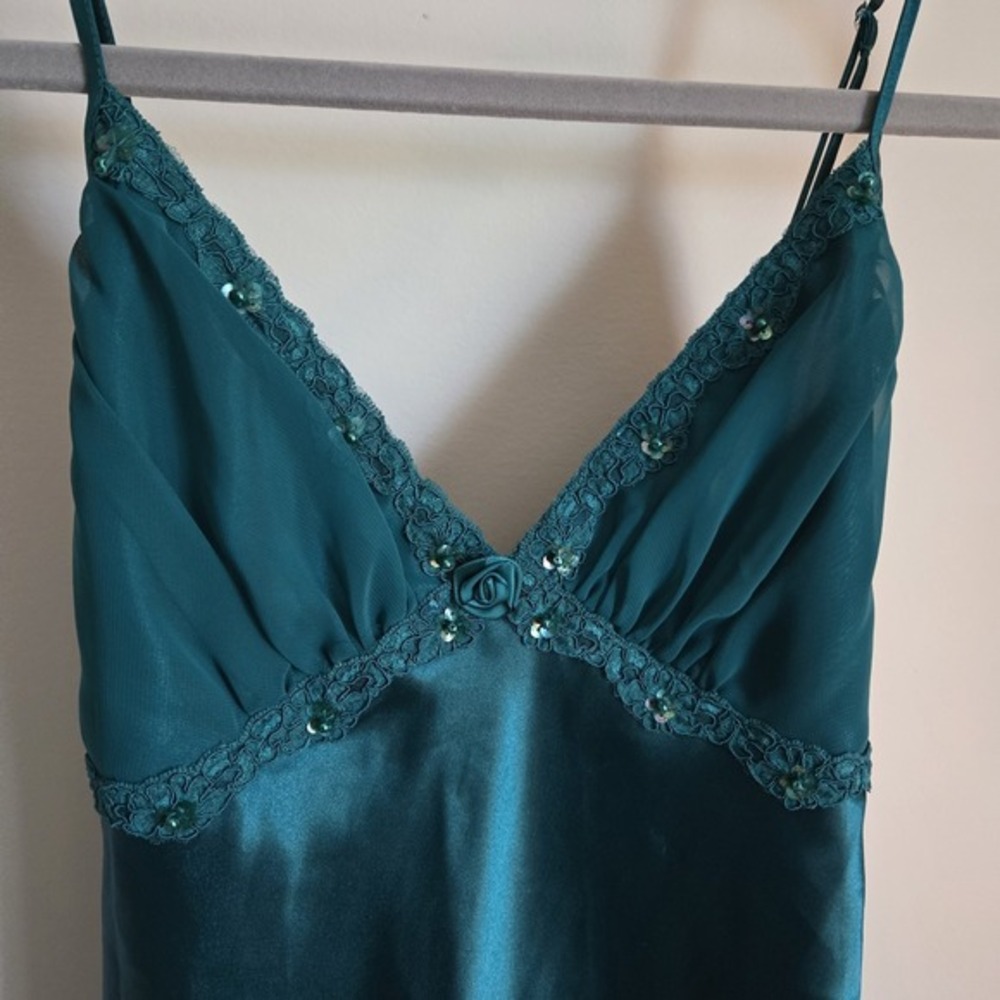Vintage Inner Most Slip Dress Nightgown Embroidered‎ Romantic Small Green Satin